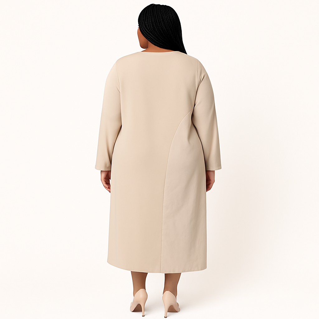 Woman wearing a beige coat on a white background