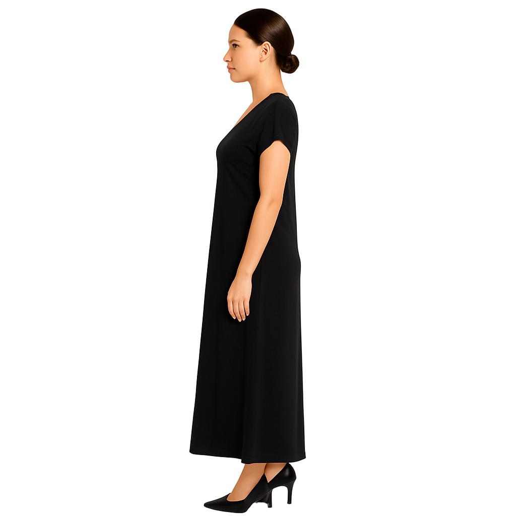 Woman wearing a black dress on a white background