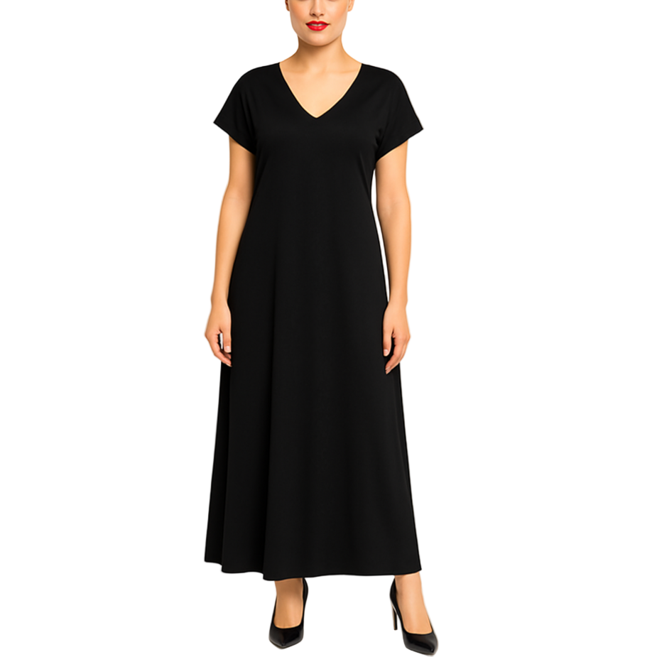 Woman wearing a black dress on a white background