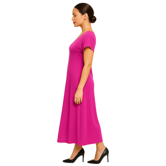 Woman wearing a bright pink dress on a beige background