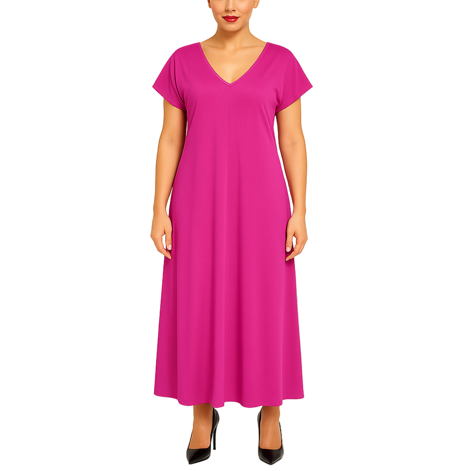 Woman wearing a bright pink dress on a white background