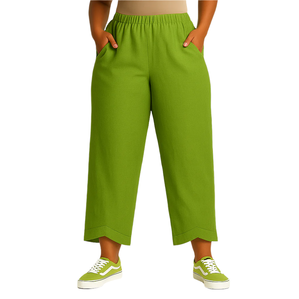 Green wide-leg pants worn by a person on a white background