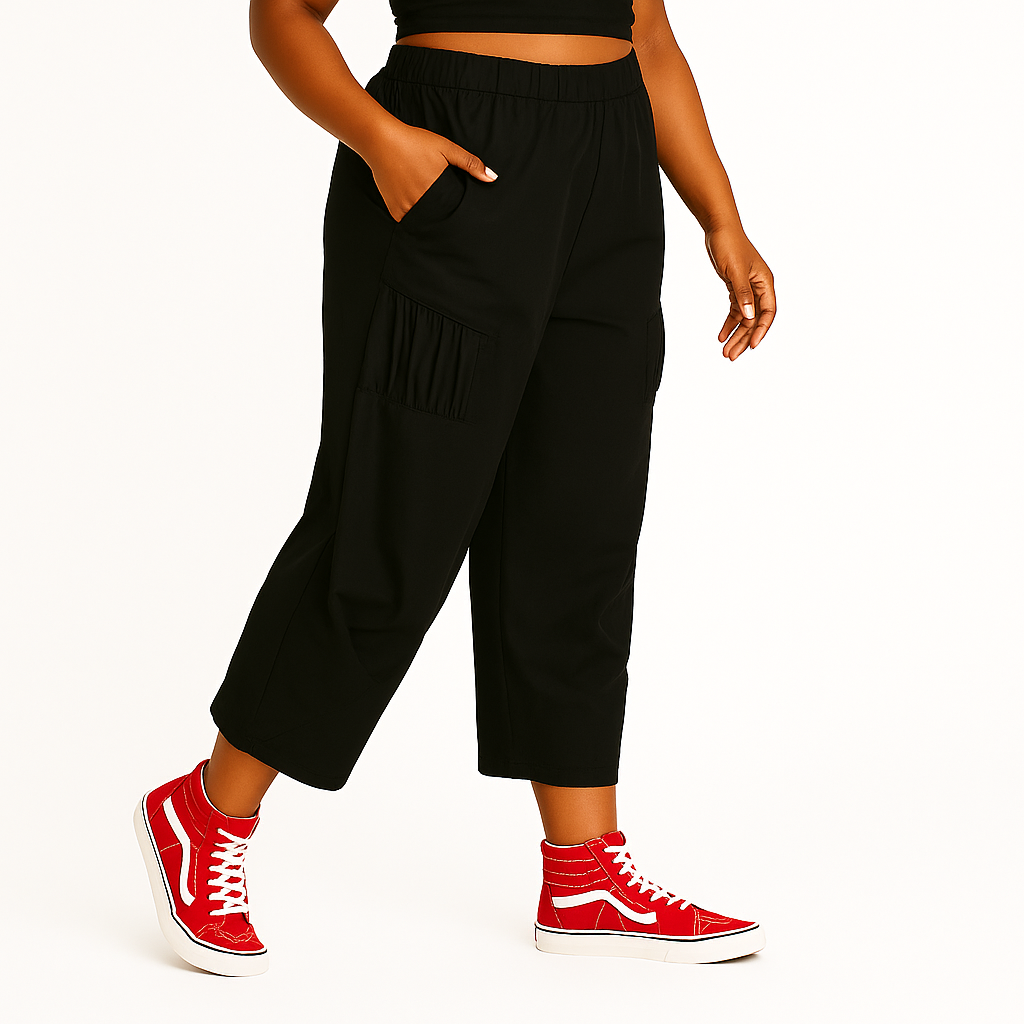 T by Transparente Black Shirred Wide-Leg Pants – Cotton