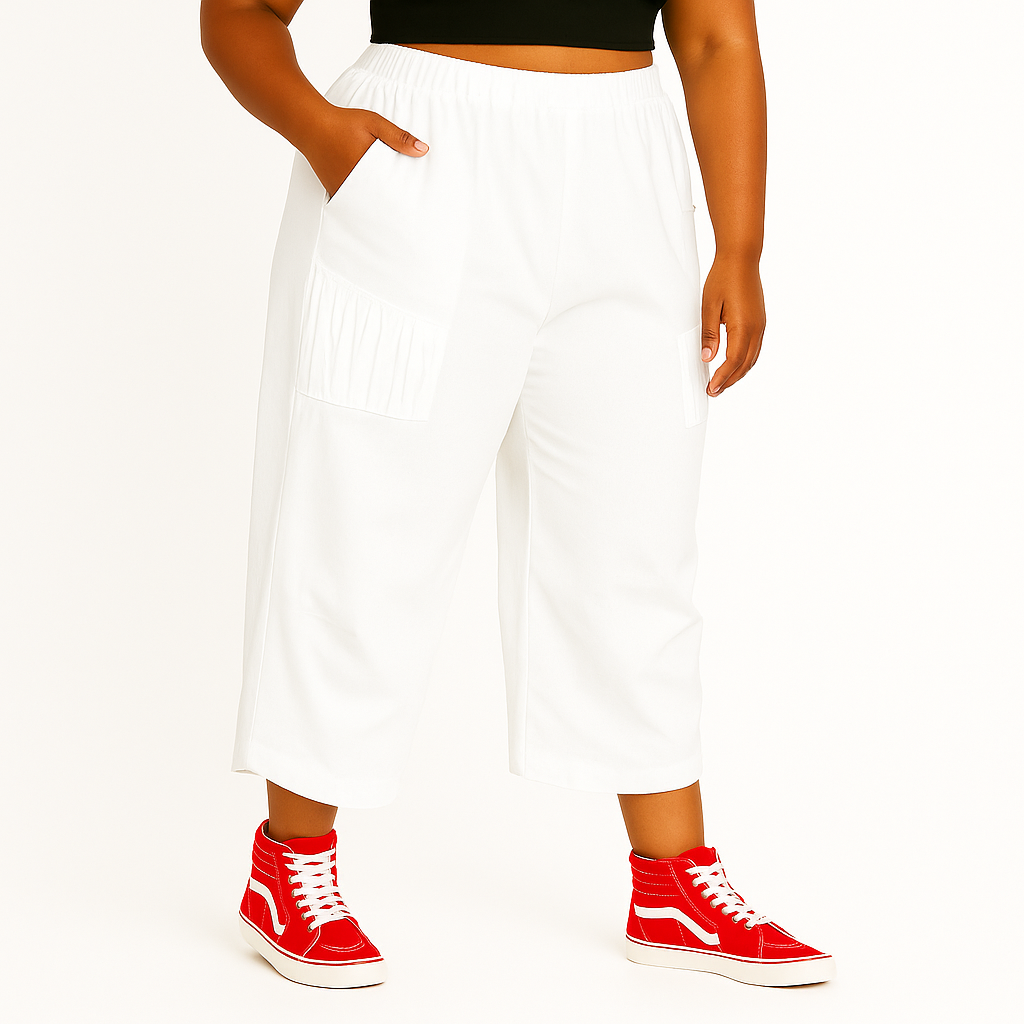 T by Transparente White Shirred Wide-Leg Pants – Cotton