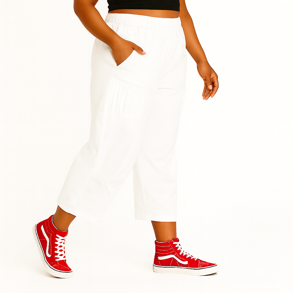 T by Transparente White Shirred Wide-Leg Pants – Cotton