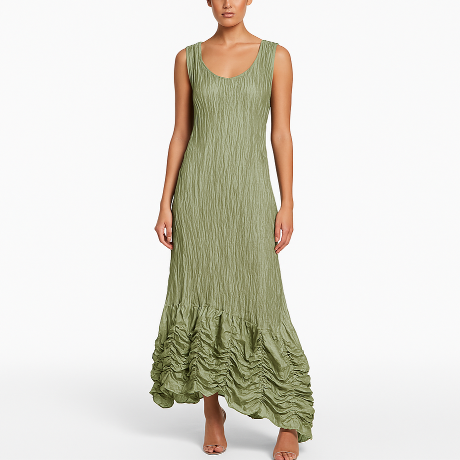 Woman wearing a green dress on a white background