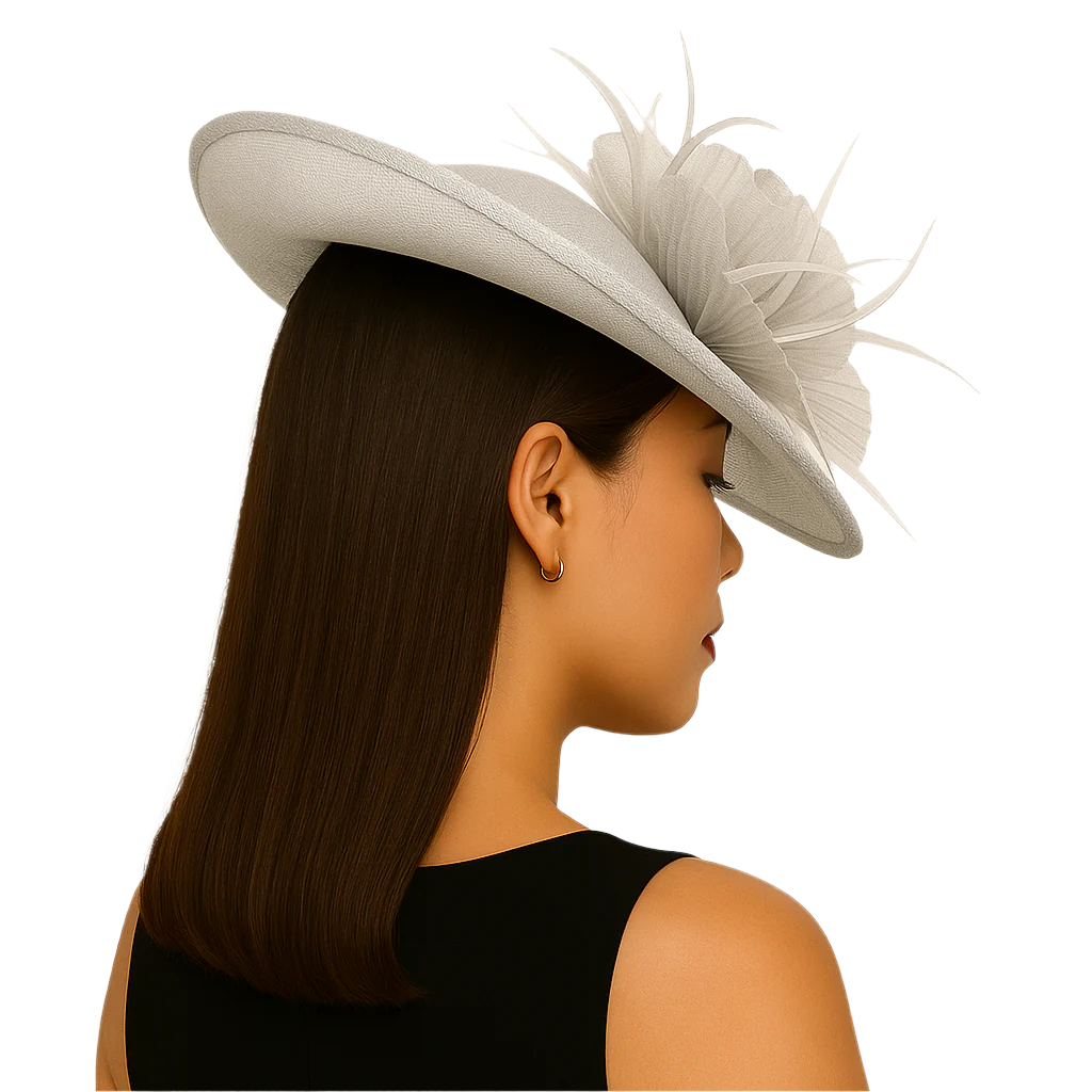 Woman wearing a white decorative hat against a beige background