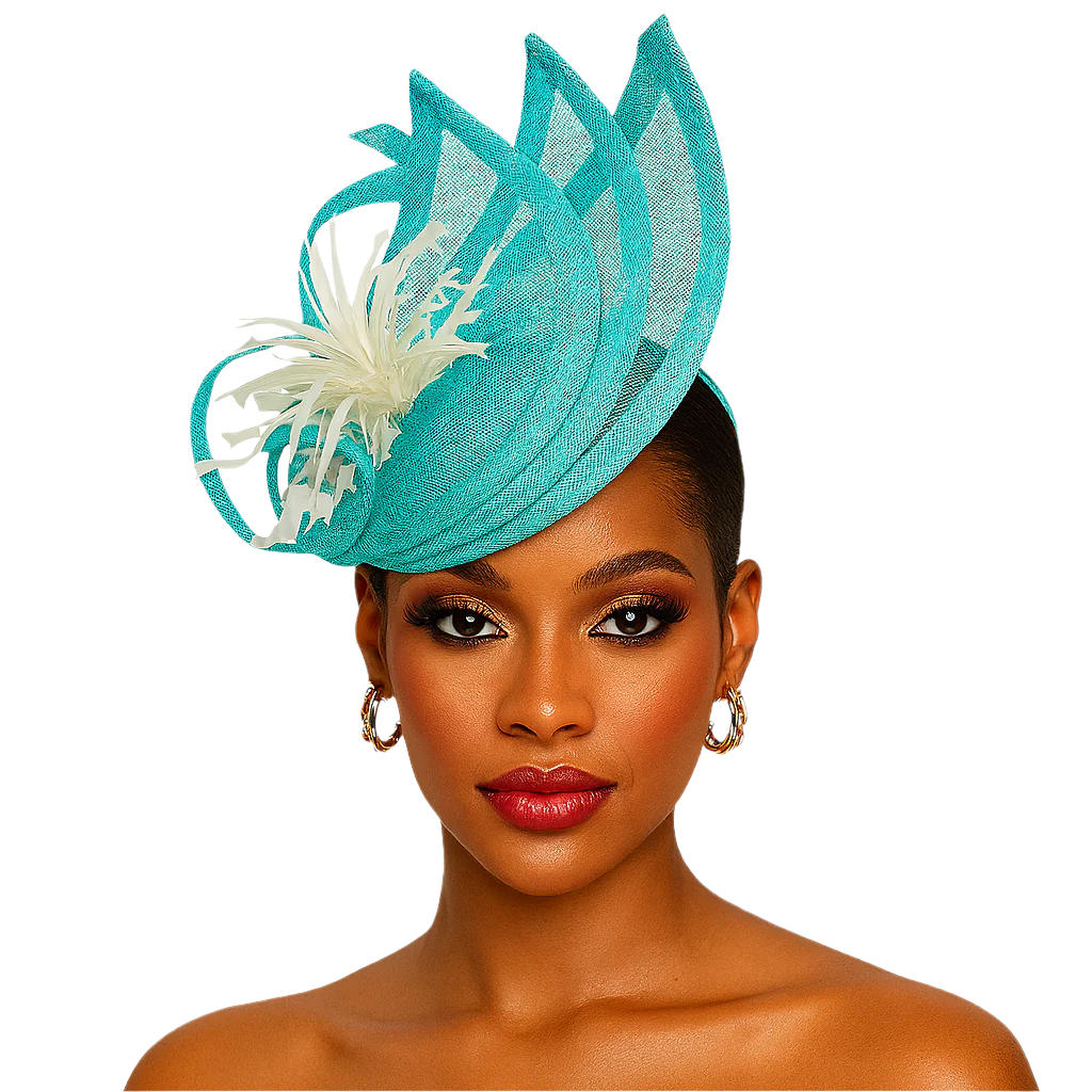 Woman wearing a turquoise fascinator with white feathers on a white background