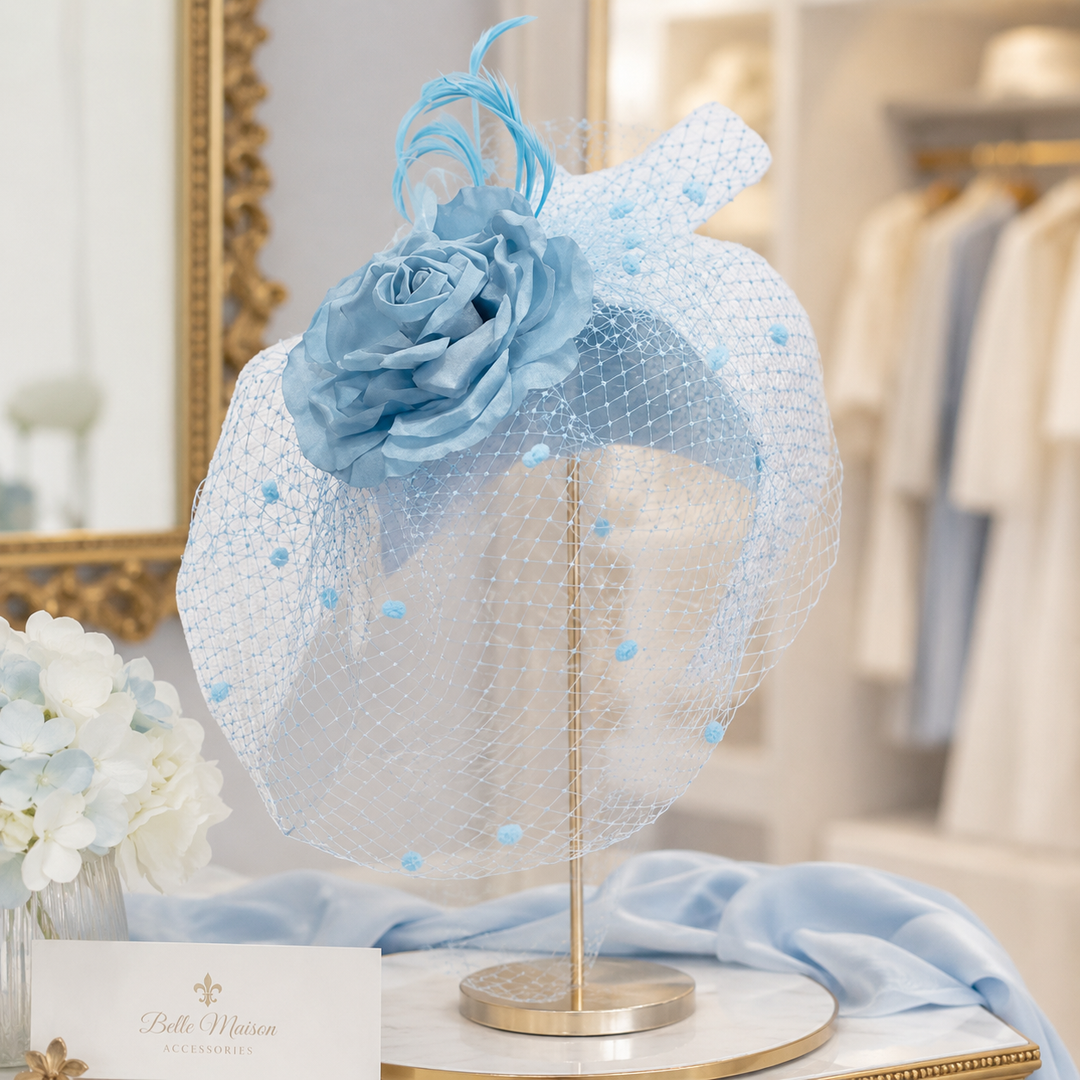 Peineta y tocado de flores de seda para velo facial: azul hielo