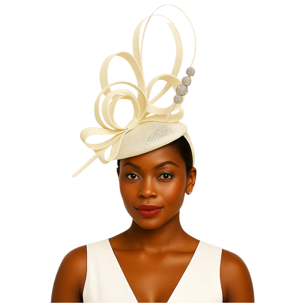 Woman wearing a decorative cream-colored headpiece on a white background