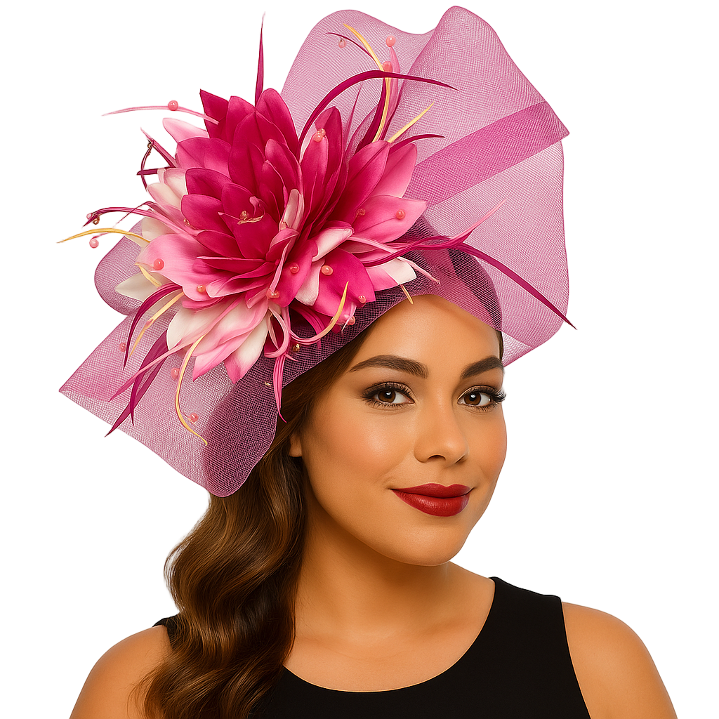 Woman wearing a pink floral headpiece on a white background