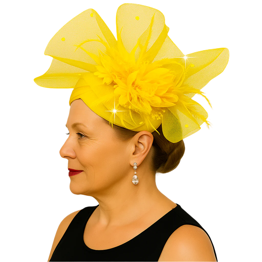 Woman wearing a bright yellow fascinator hat on a white background