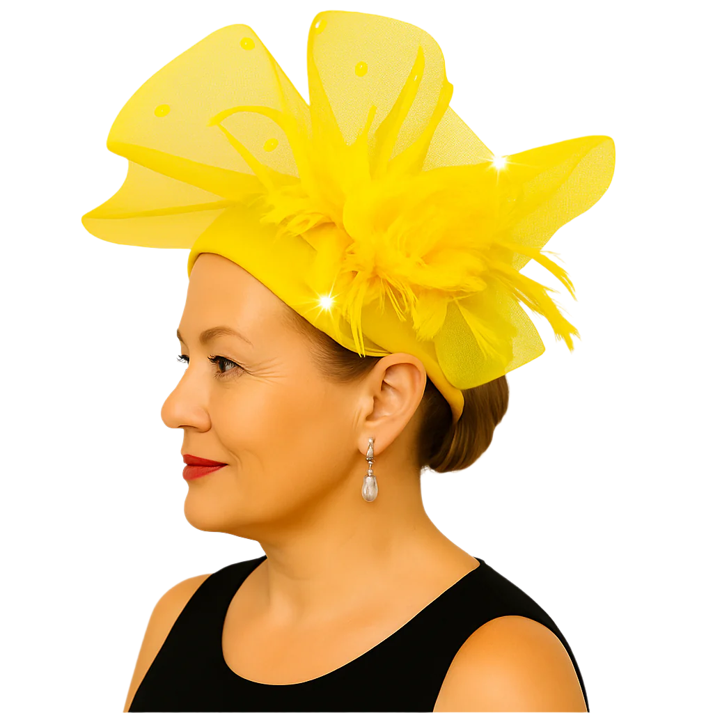 Woman wearing a bright yellow headpiece against a plain background