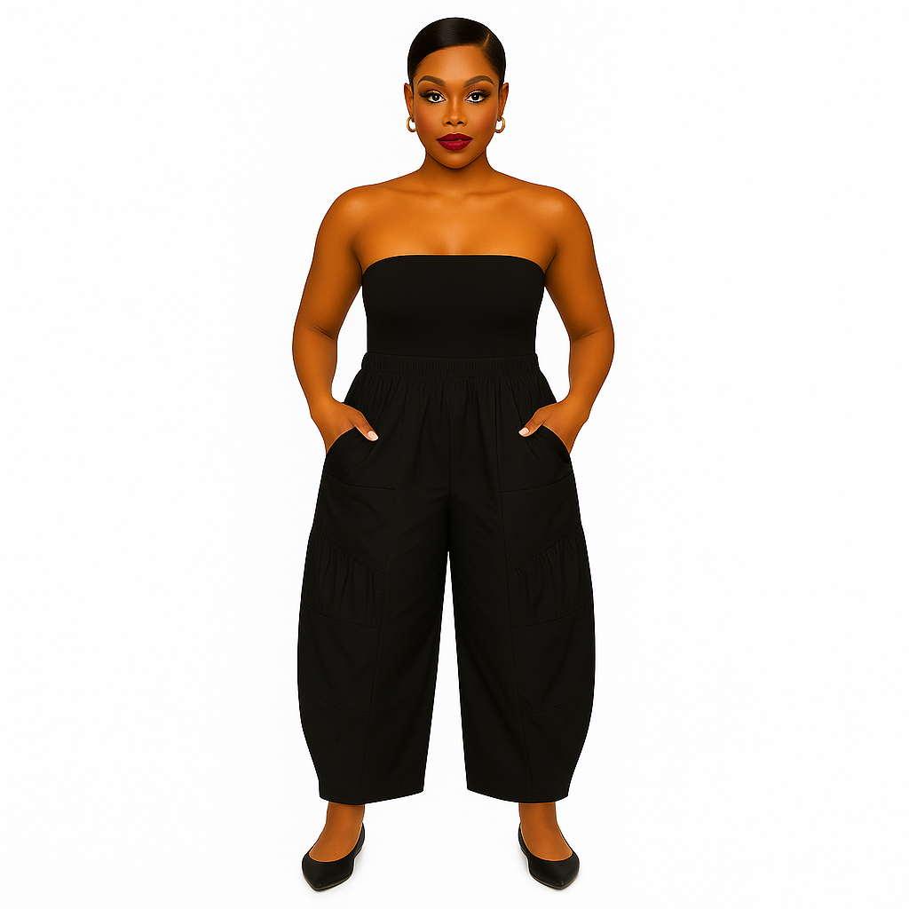 T by Transparente Black Shirred Wide-Leg Pants – Cotton