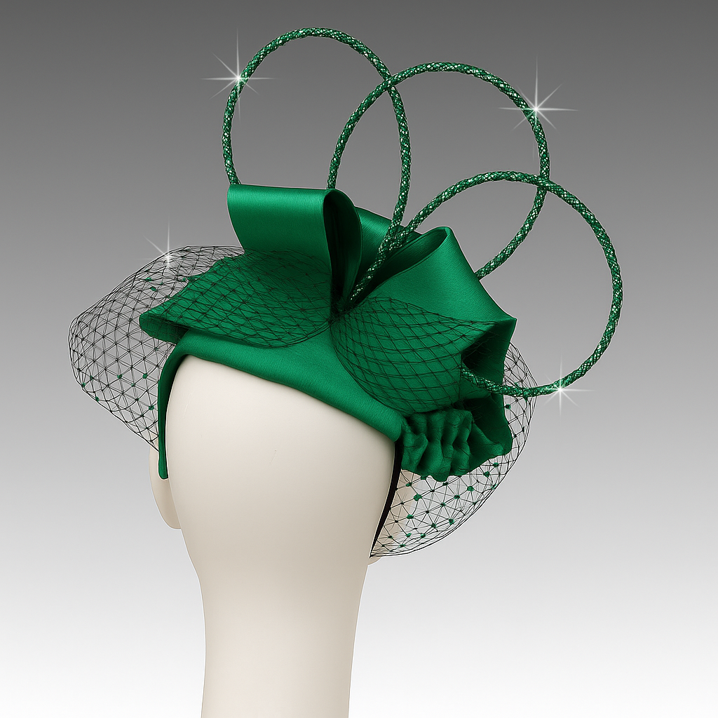 Green Lourdes Fascinator Satin Bow & Rhinestone Bloom | Le Diva Boutique Green Lourdes Fascinator Satin Bow & Rhinestone Bloom | Le Diva Boutique