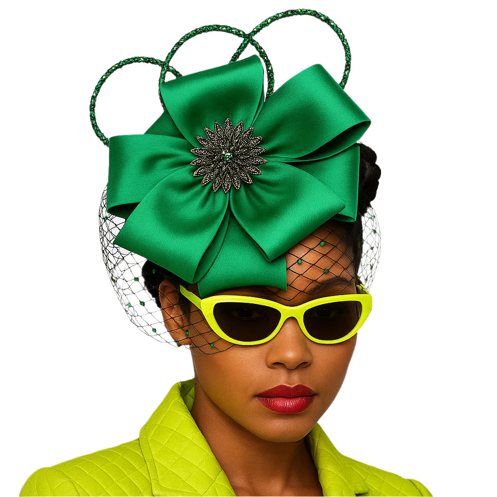 Green Lourdes Fascinator – Satin Bow & Rhinestone Bloom