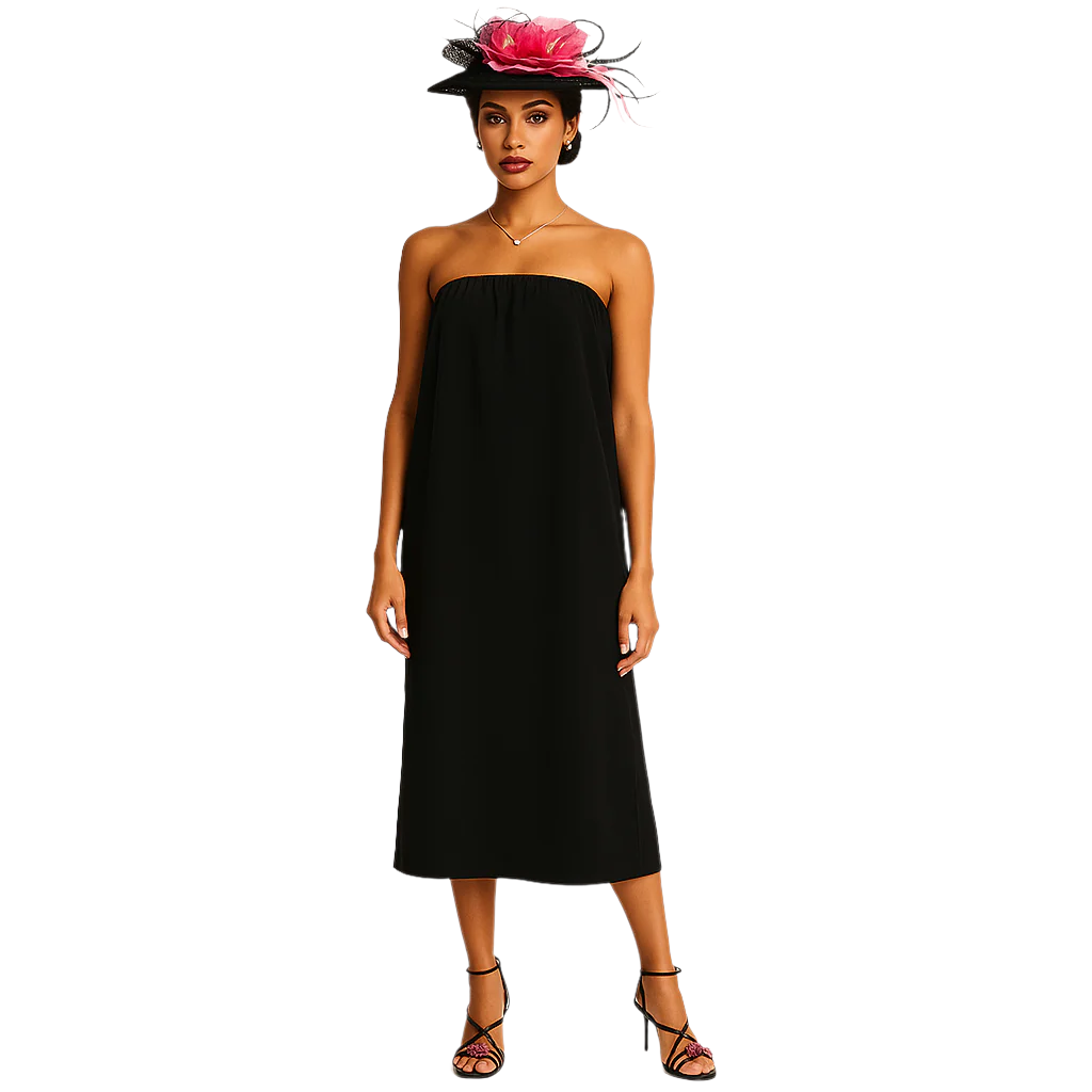 Woman wearing a black strapless dress and a decorative hat with pink flowers on a beige background