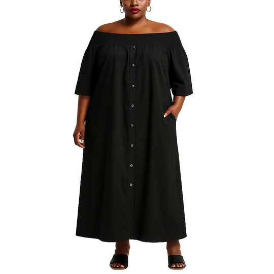 Woman wearing a black off-shoulder dress on a white background