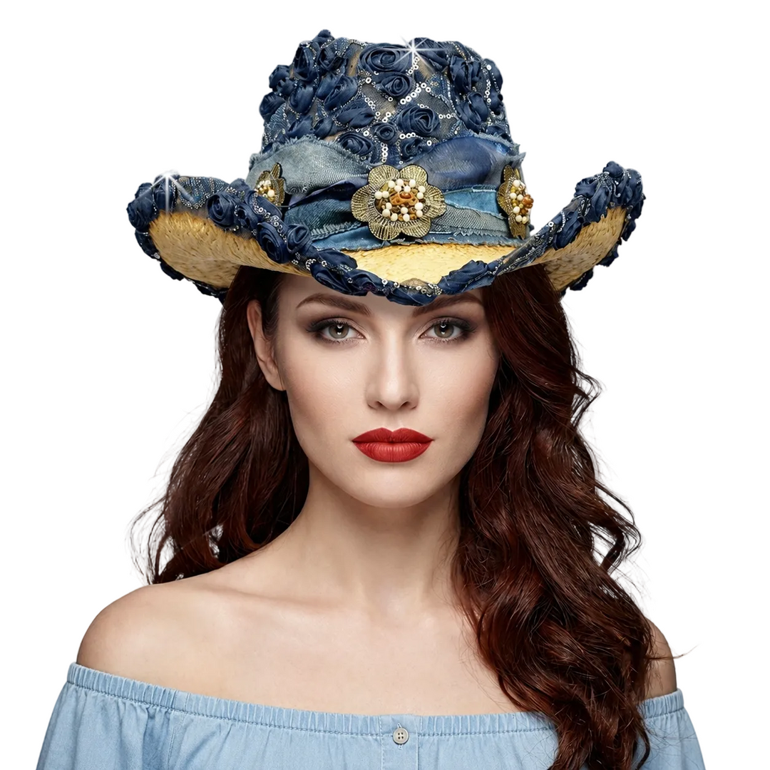 Woman wearing a decorative hat with blue flowers and embellishments on a gray background