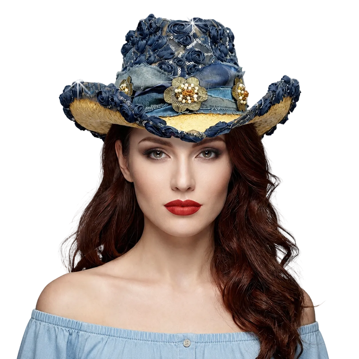 Woman wearing a decorative hat with blue flowers and embellishments on a gray background