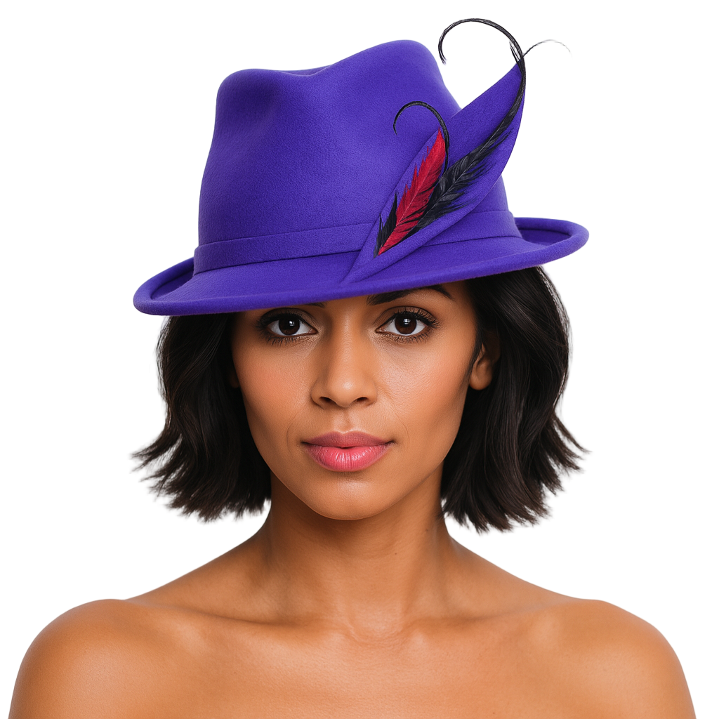 Woman wearing a purple hat with feathers on a white background