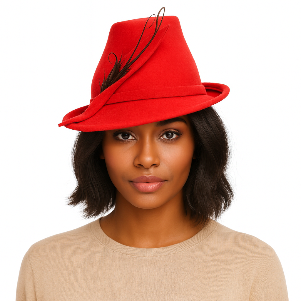Woman wearing a red hat with a feather on a white background