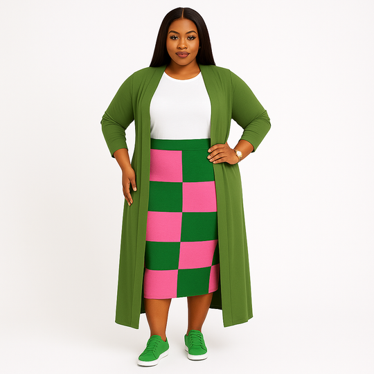 Woman wearing a green cardigan, white shirt, and pink and green checkered skirt on a white background