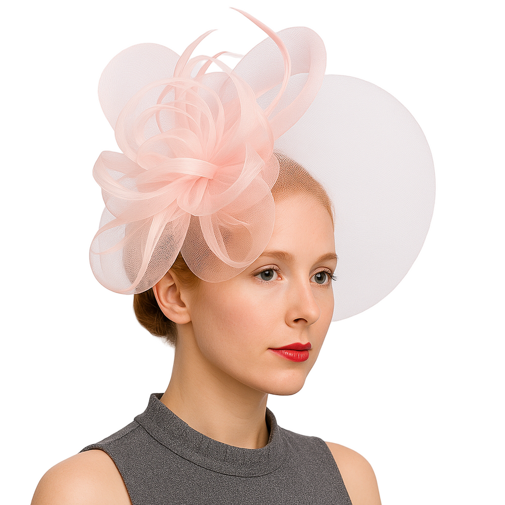 Woman wearing a pink decorative headpiece against a light gray background