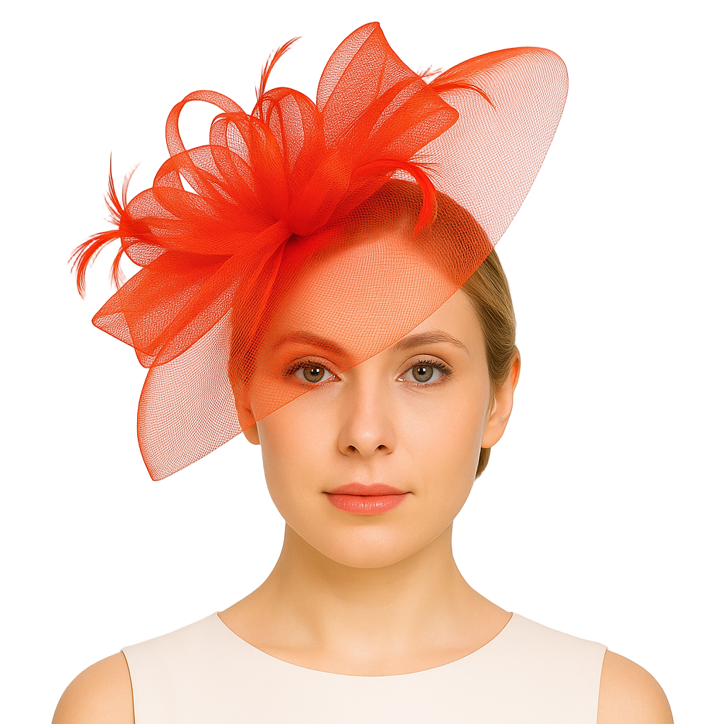 Woman wearing a vibrant orange headpiece with feathers on a plain background