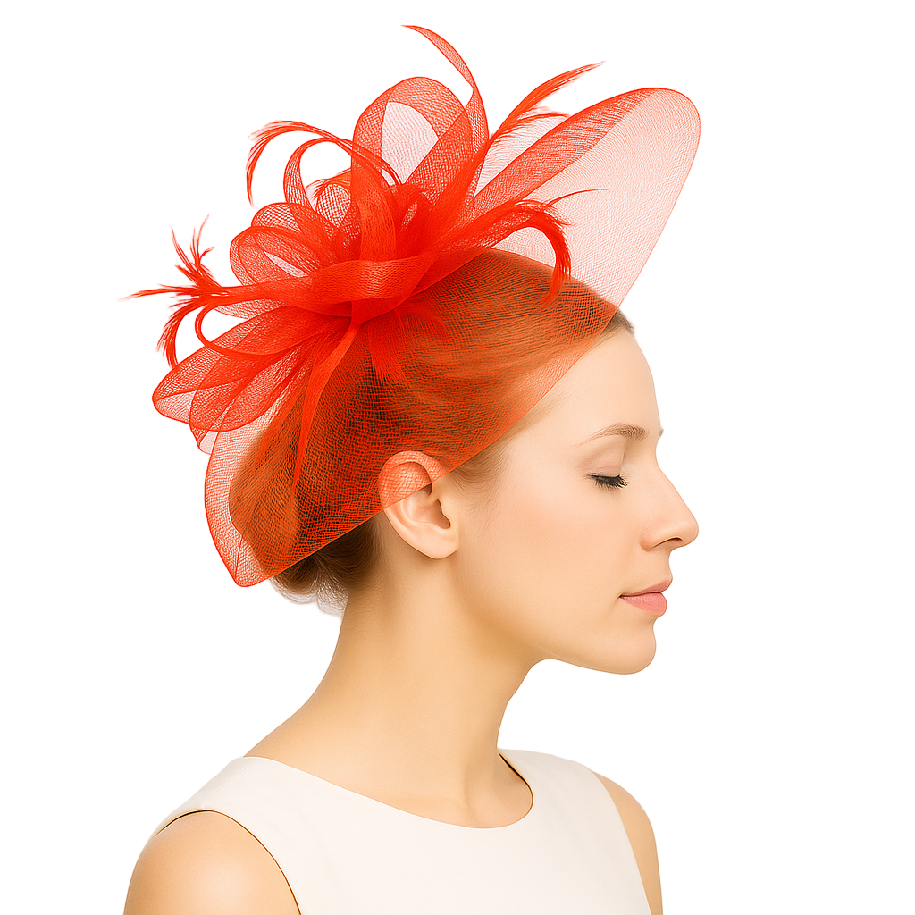 Woman wearing a red feathered headpiece against a white background