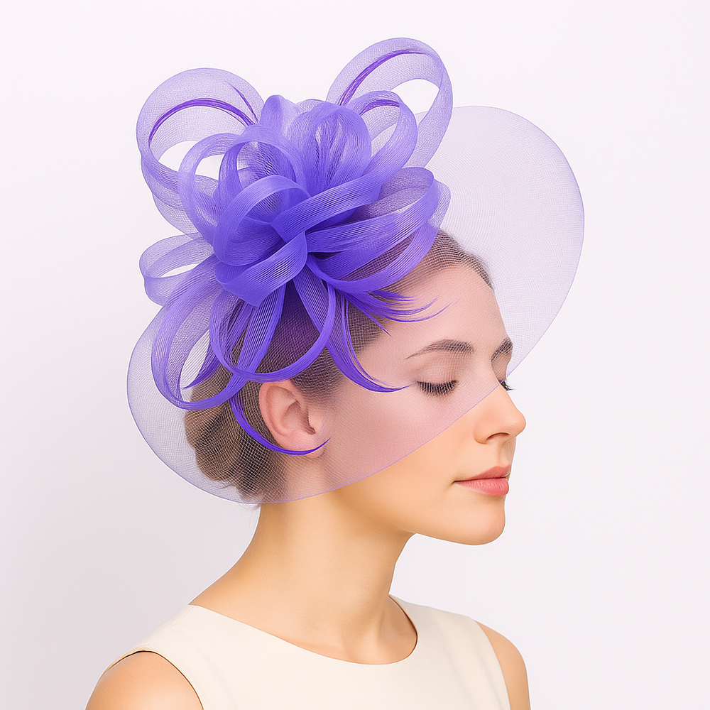 Woman wearing a purple decorative headpiece on a plain background