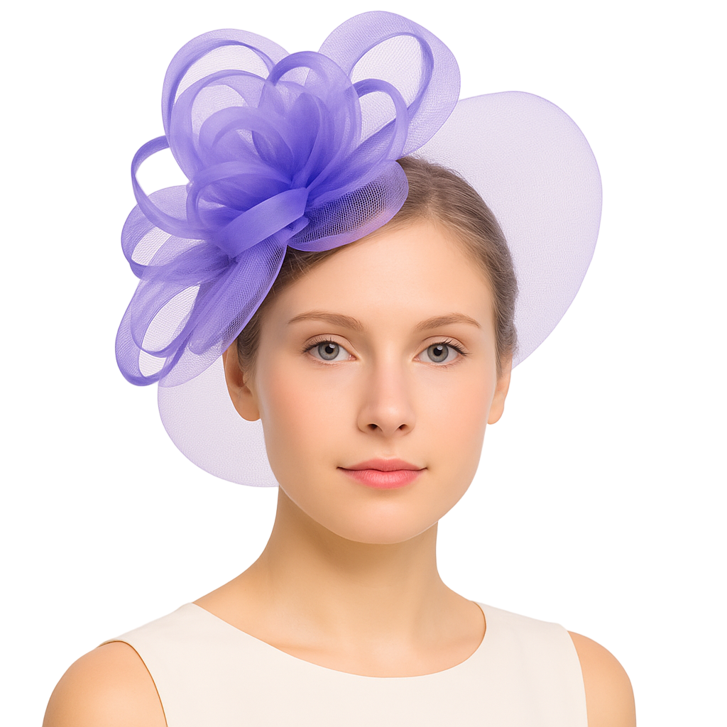 Woman wearing a purple decorative headpiece against a light gray background