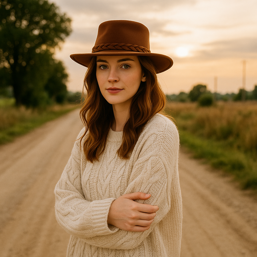 Woman wearing a brown hat and beige sweater standing on a dirt road with a sunset in the background