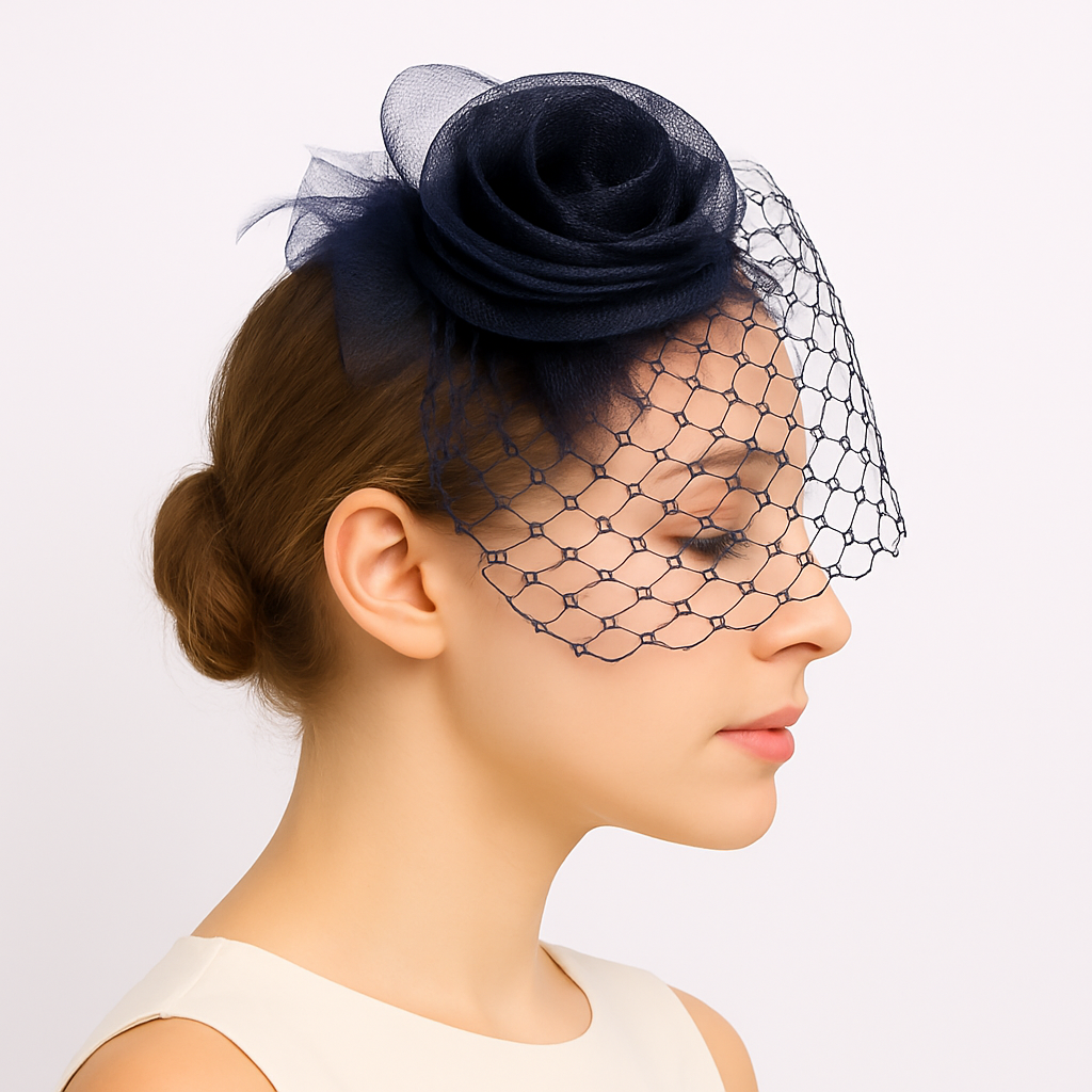 Woman wearing a navy blue rose hair accessory with a black netting veil on a white background