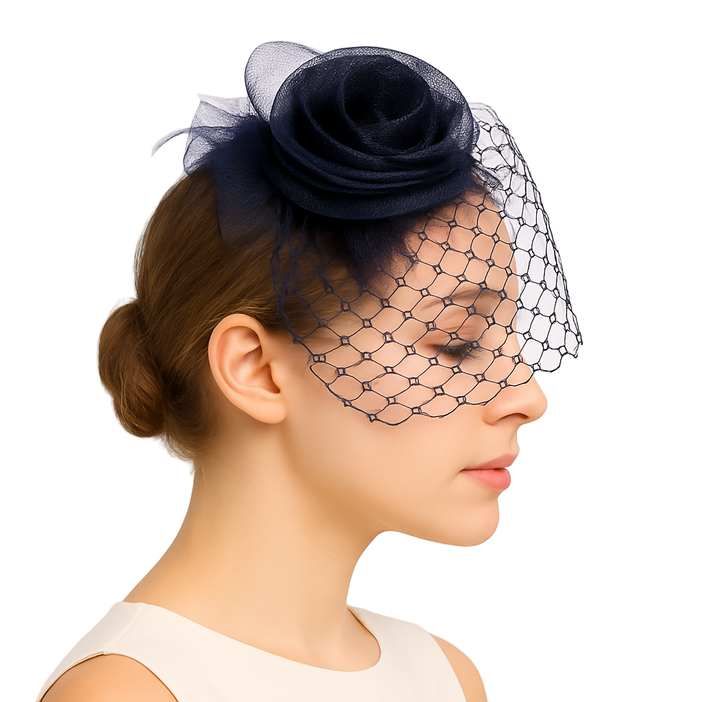 Woman wearing a navy blue rose hair accessory with a black netting veil on a white background