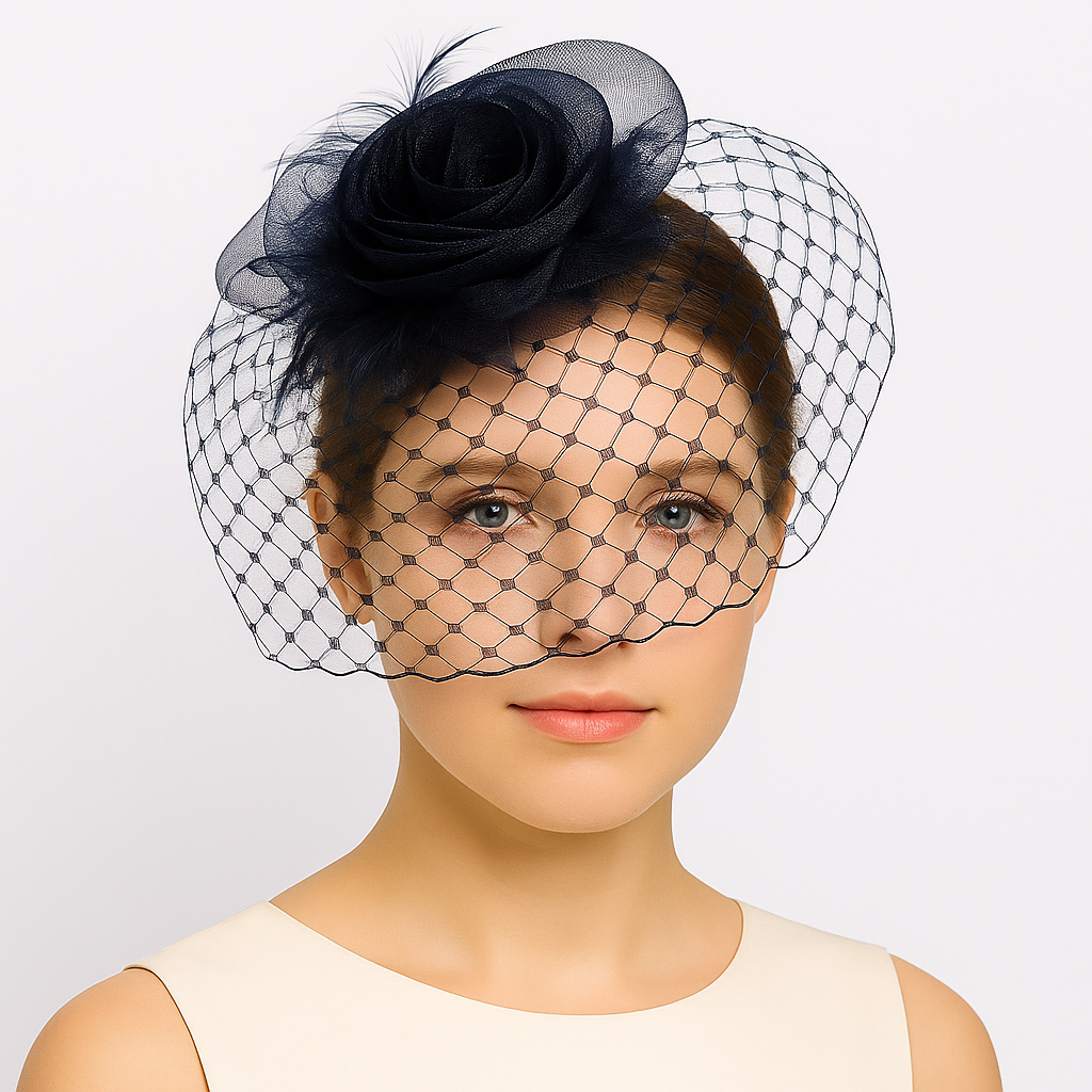 Woman wearing a navy blue floral headpiece with a netting veil on a light gray background