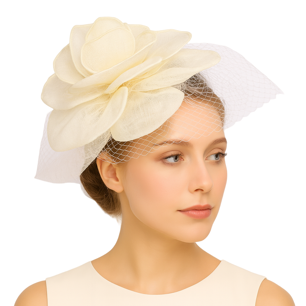 Woman wearing a cream-colored floral headpiece against a white background