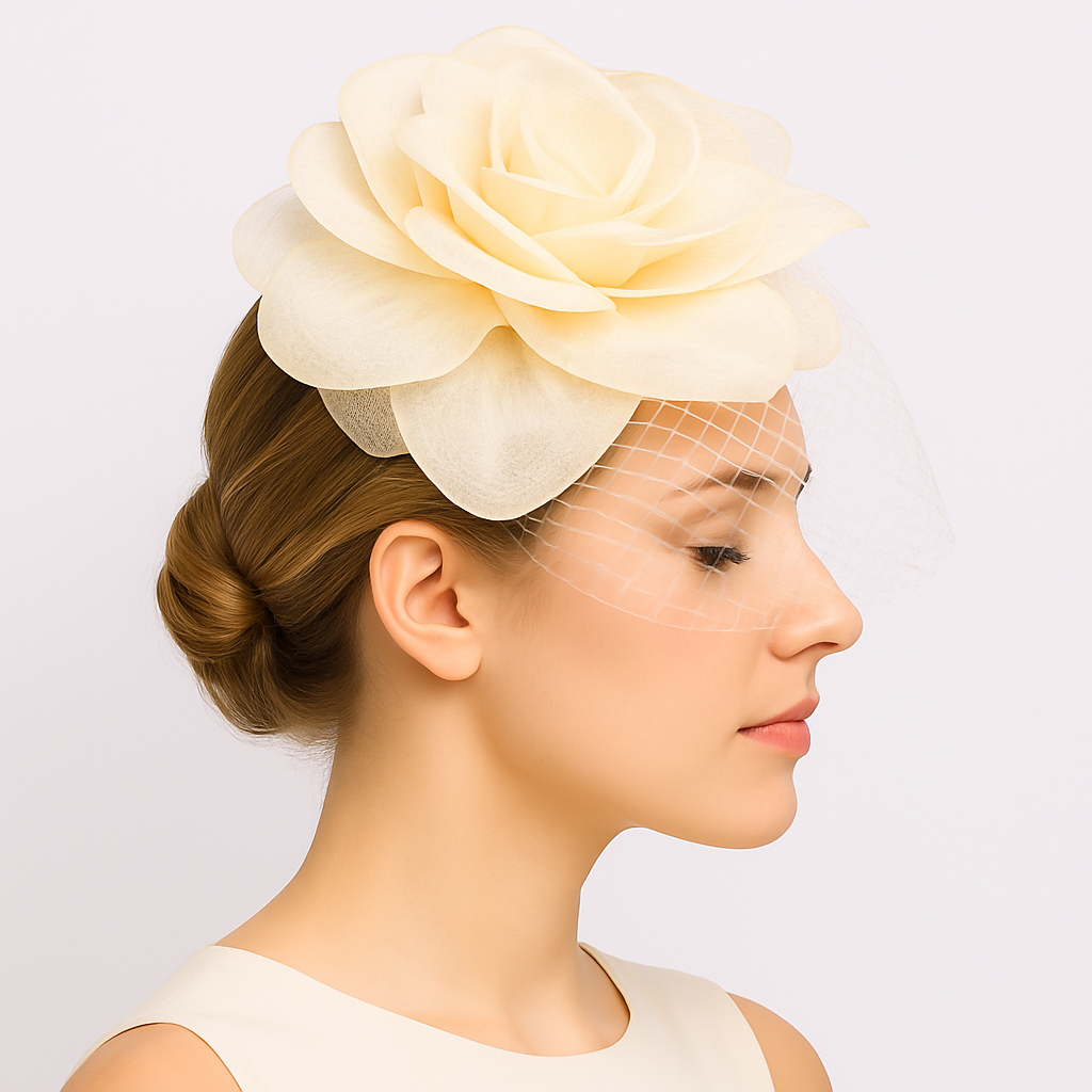 Woman wearing a large cream-colored flower headpiece against a light background