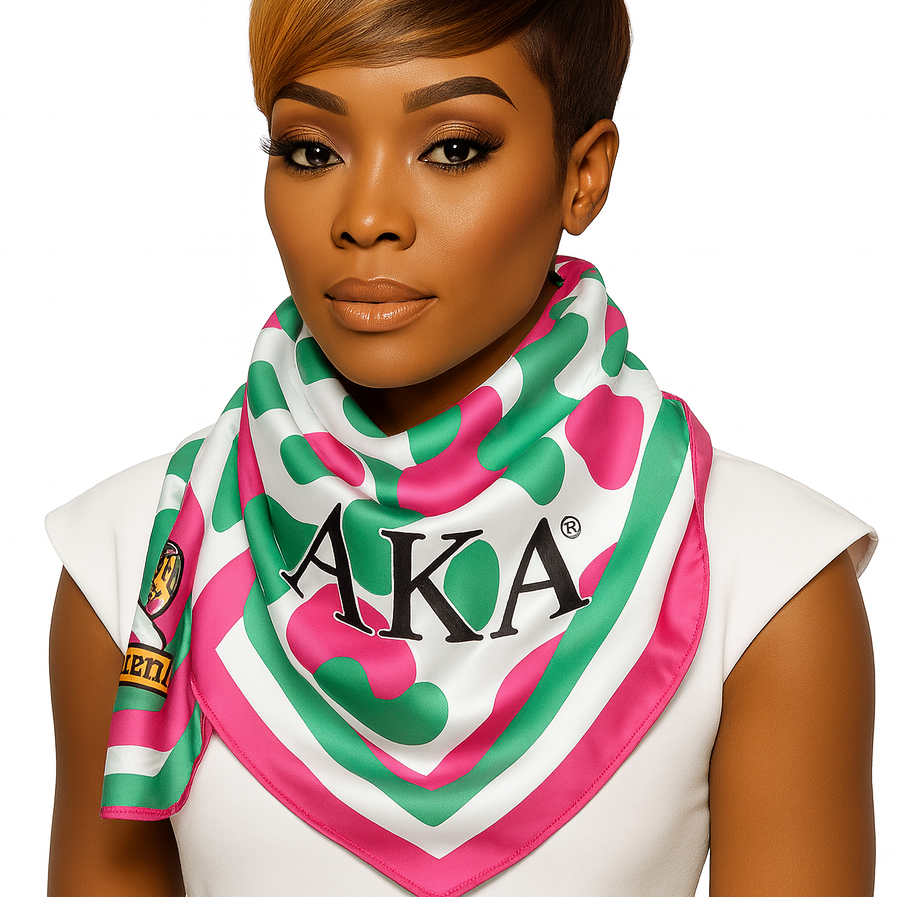 Woman wearing a colorful scarf with 'AKA' logo on a white background