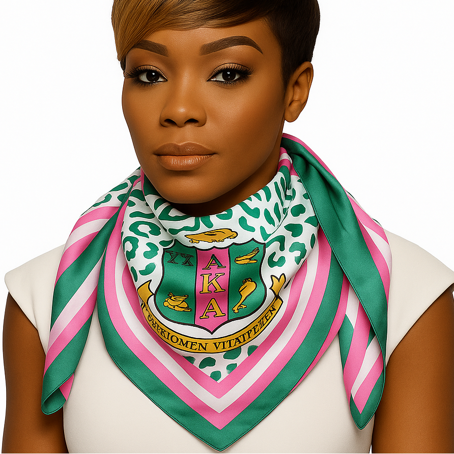 Woman wearing a green and pink scarf with a logo on a white background