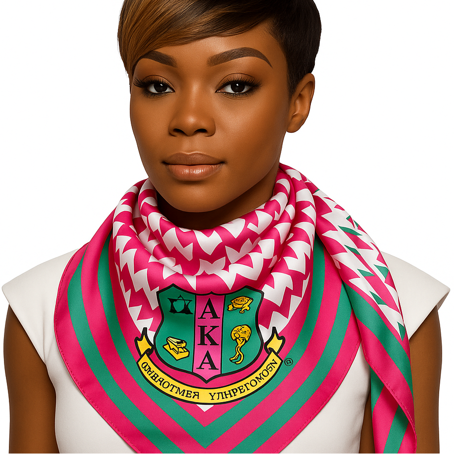 Woman wearing a colorful scarf with a logo on a white background