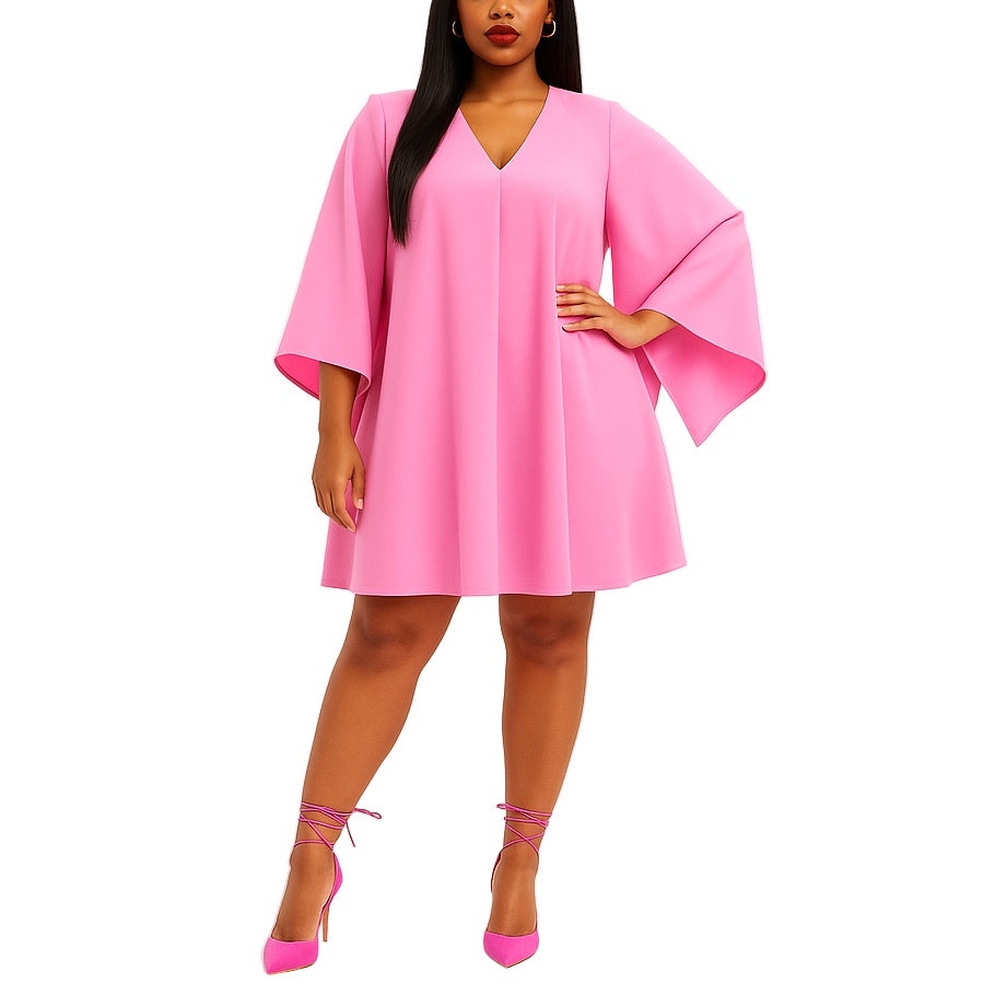 Woman wearing a pink dress with bell sleeves on a white background