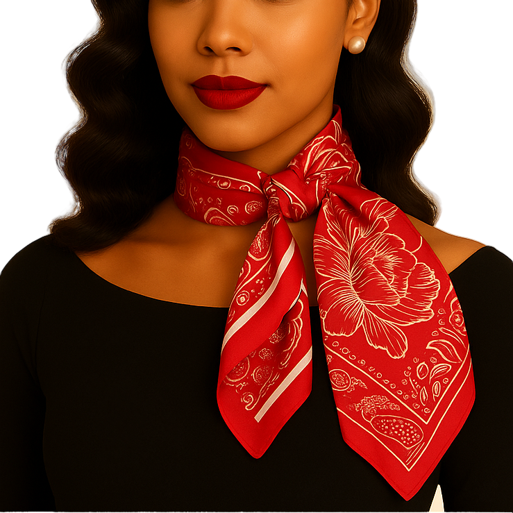Woman wearing a red floral scarf on a beige background