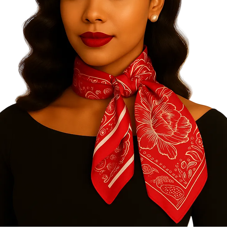 Woman wearing a red floral scarf on a beige background