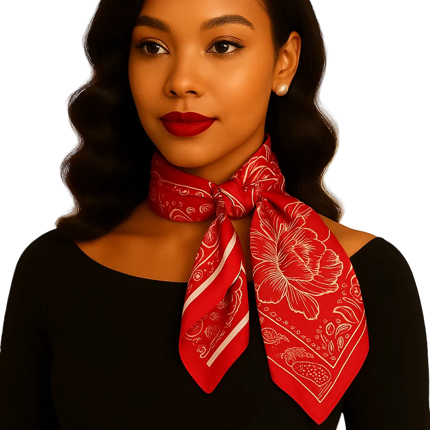 Woman wearing a red floral scarf on a beige background