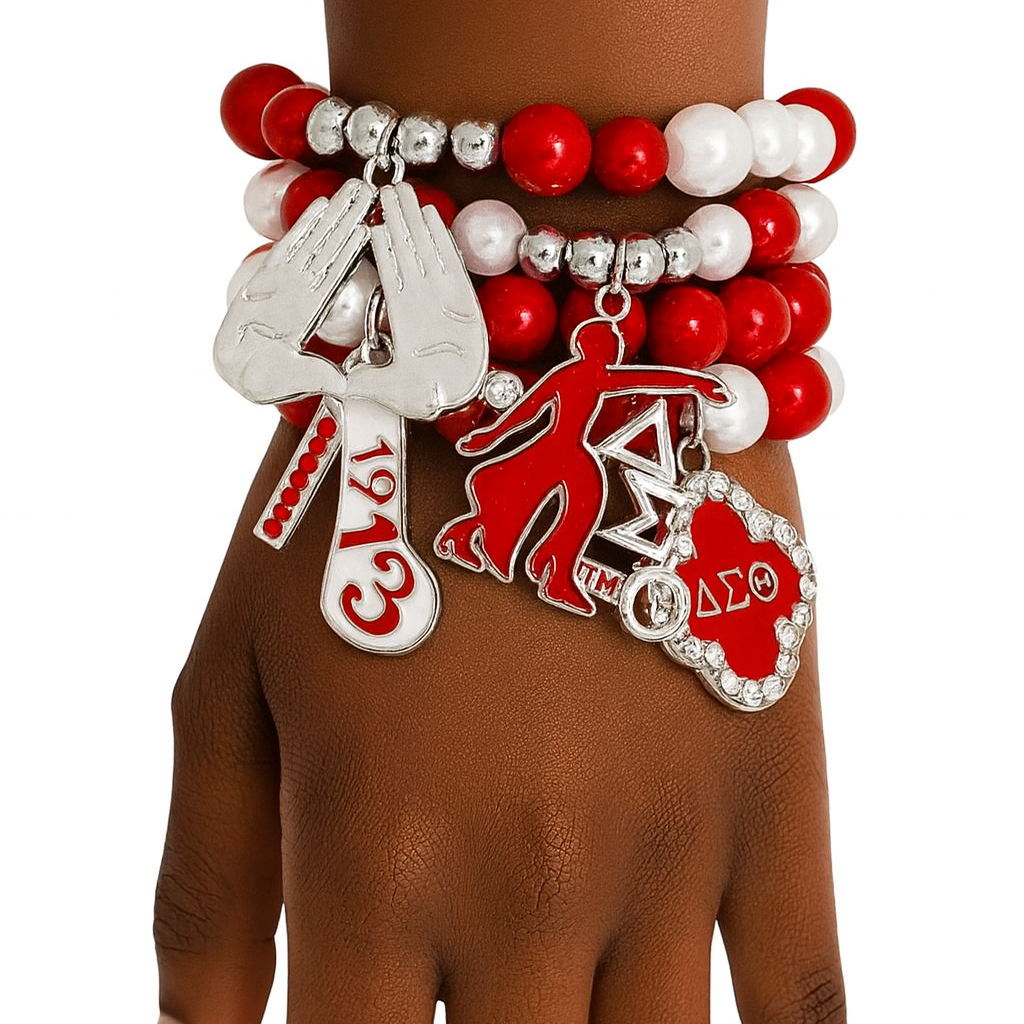 Bracelet with red, white, and silver charms on a wrist