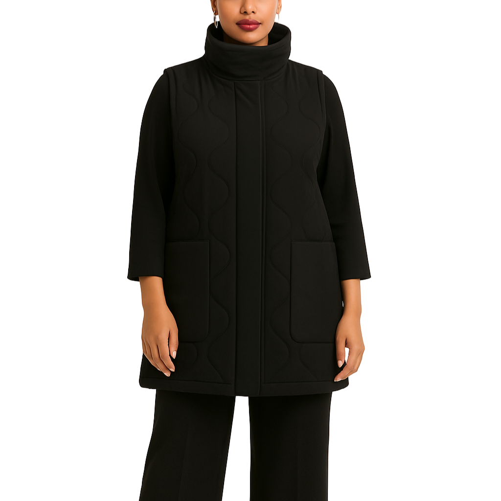 Woman wearing a black coat on a white background