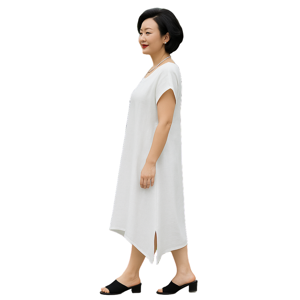 Woman wearing a white dress on a white background