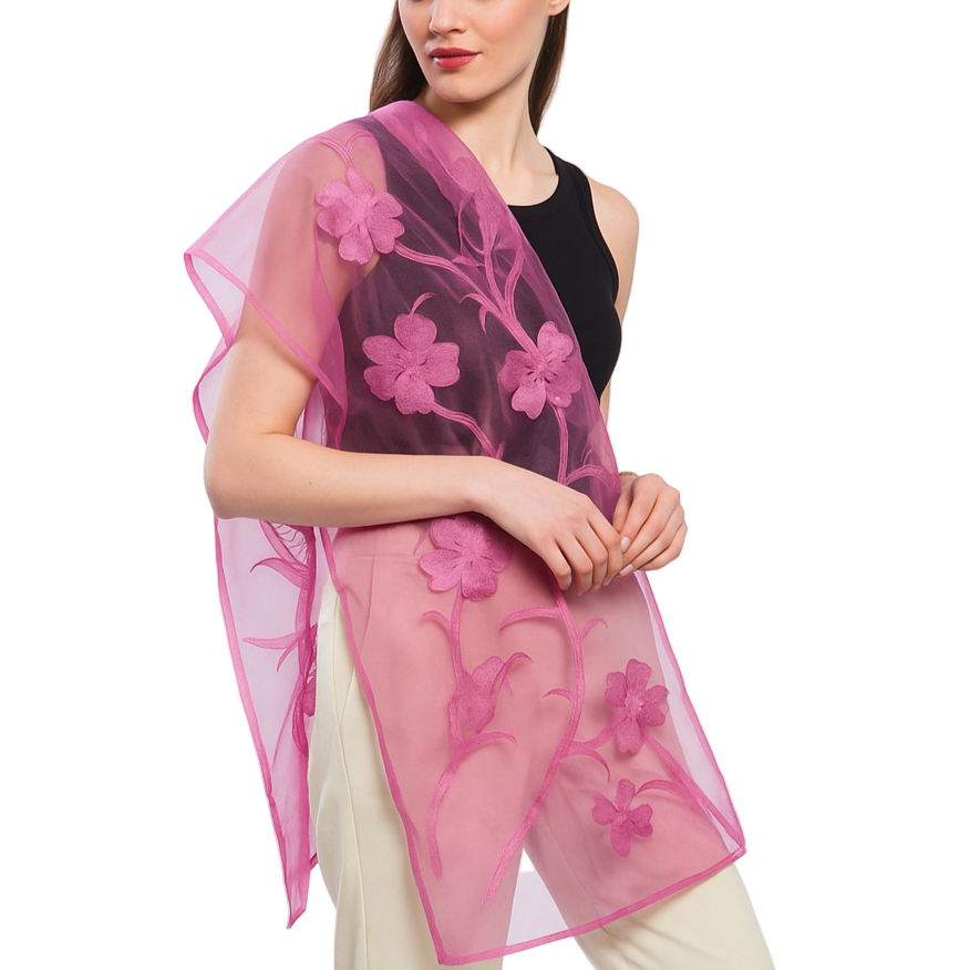 Rose pink organza scarf with hand-cut plum blossom appliqué, front view on model.