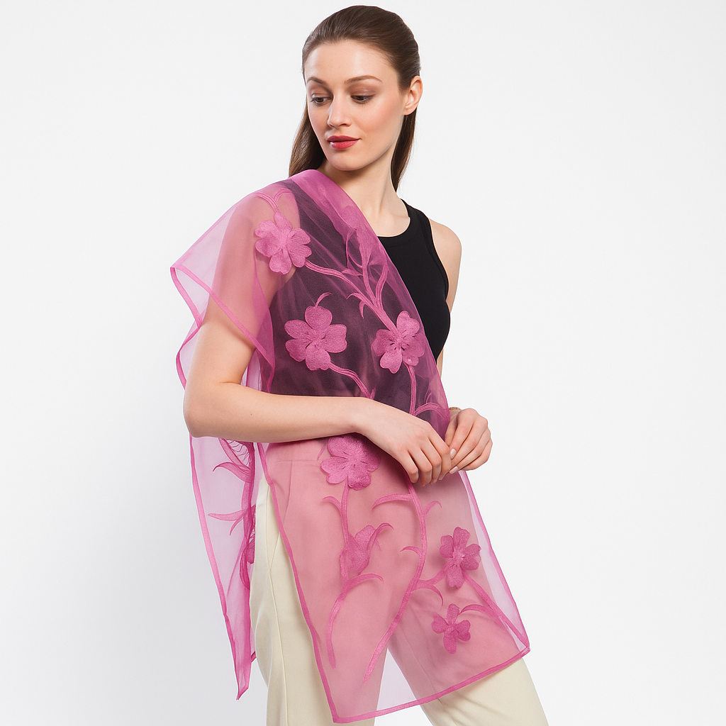 Rose pink organza scarf with hand-cut plum blossom appliqué, front view on model.